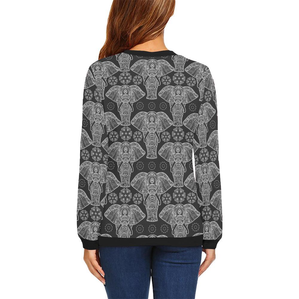 Black Elephant Mandala Print Women Crewneck Sweatshirt-grizzshop