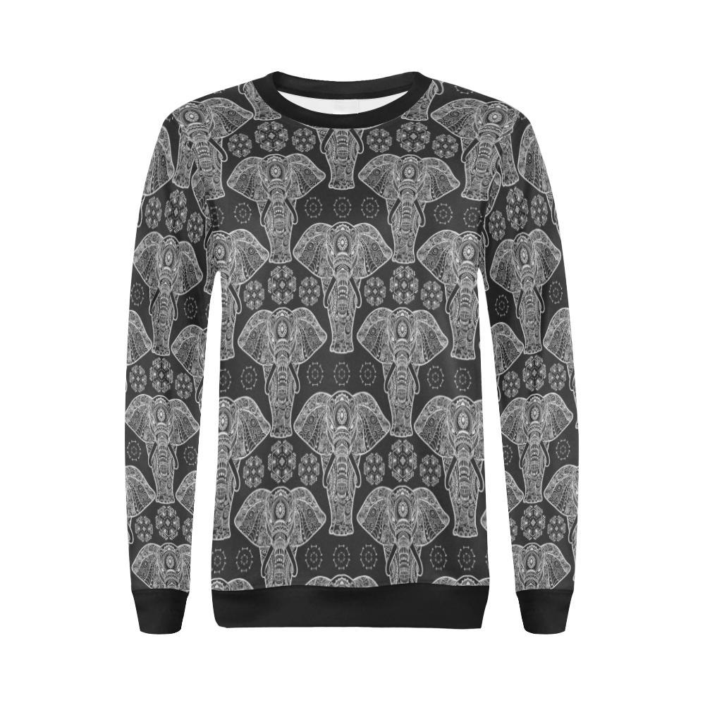 Black Elephant Mandala Print Women Crewneck Sweatshirt-grizzshop