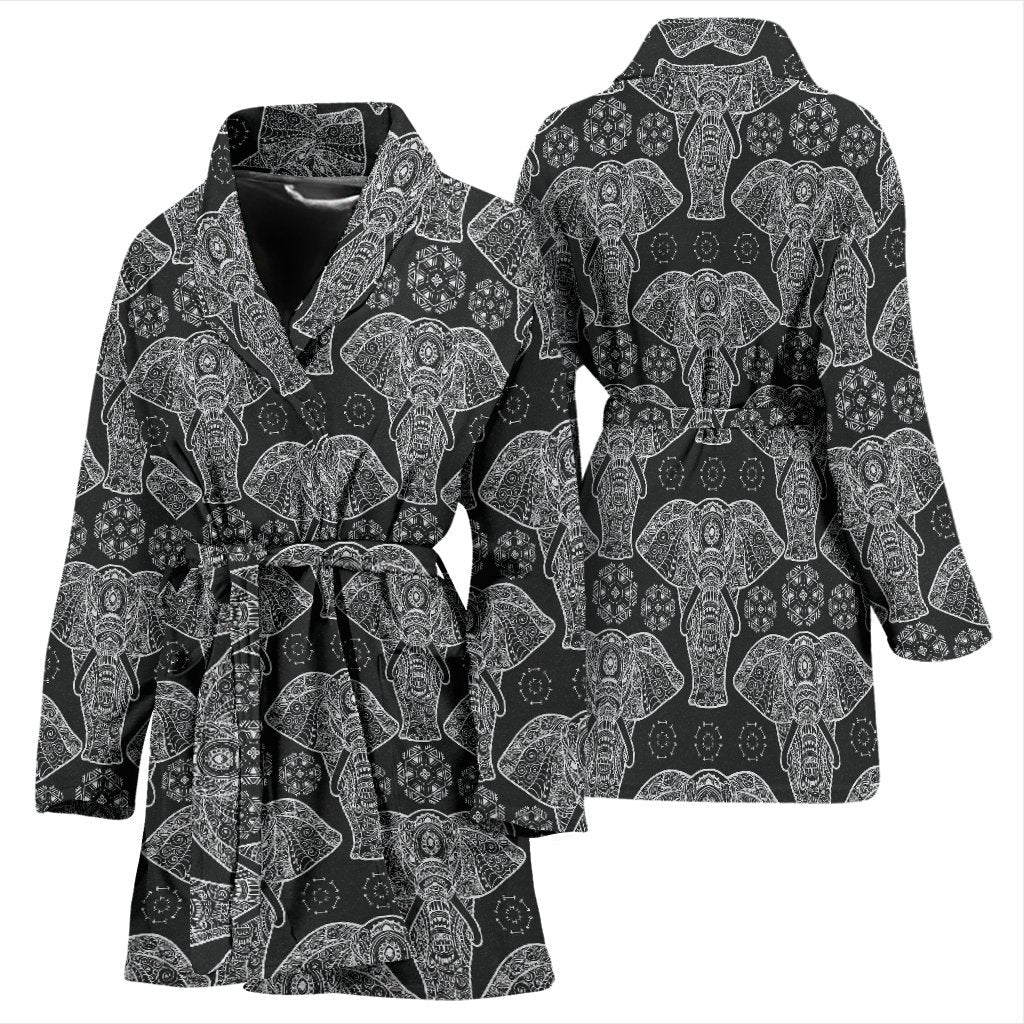 Black Elephant Mandala Print Women Long Robe-grizzshop