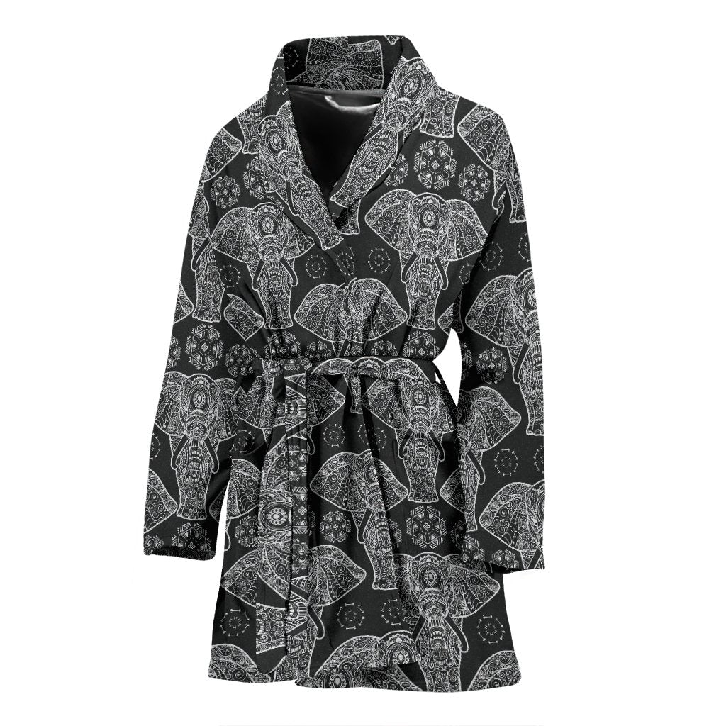 Black Elephant Mandala Print Women Long Robe-grizzshop