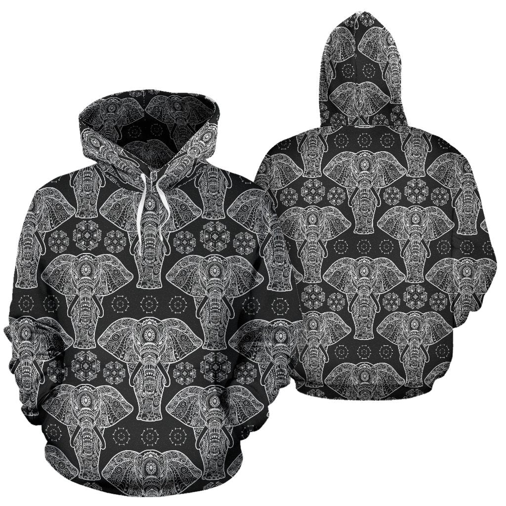 Black Elephant Mandala Print Women Men Pullover Hoodie-grizzshop