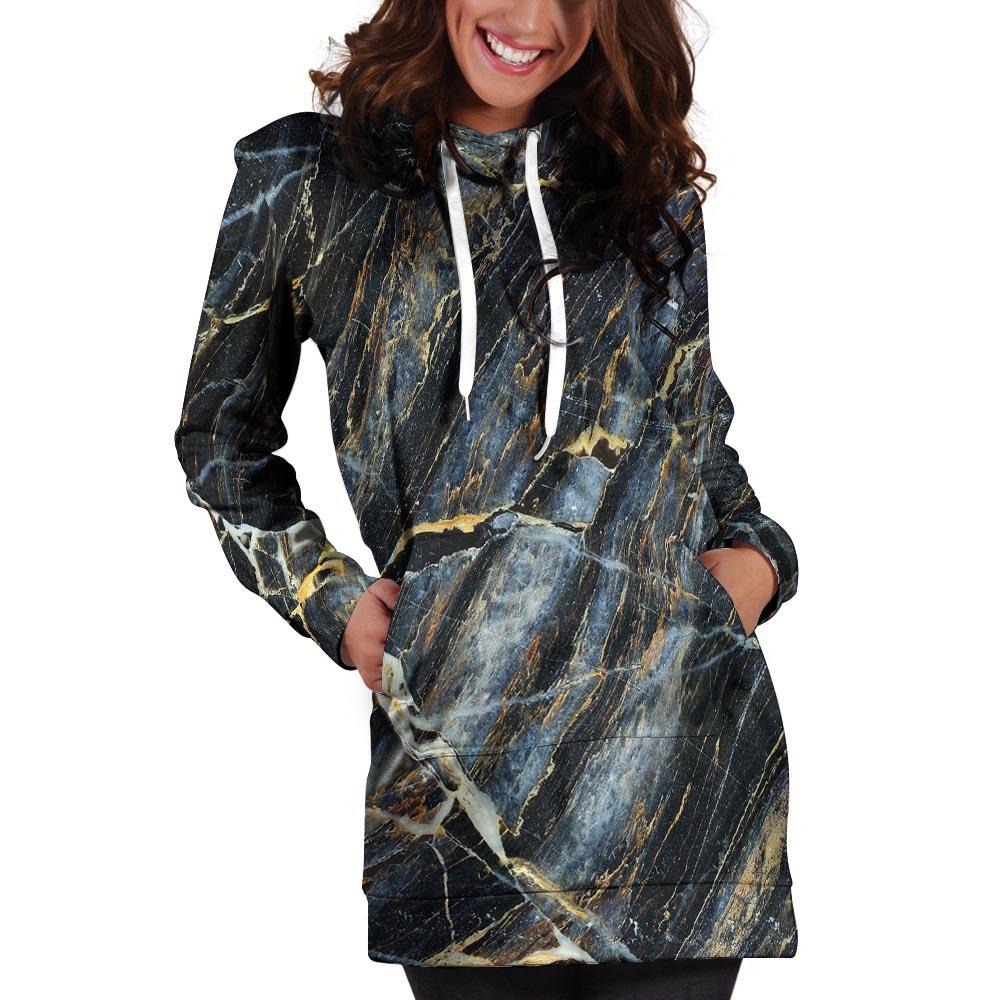 Black Gold Cracked Marble Hoodie Dress-grizzshop