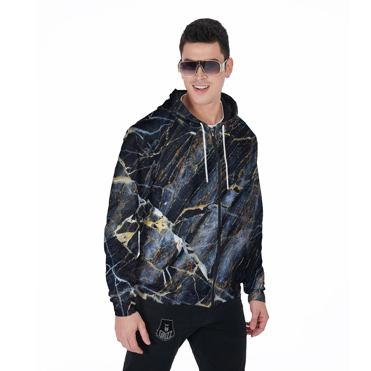 Black Gold Cracked Marble Men's Zip Up Hoodie-grizzshop