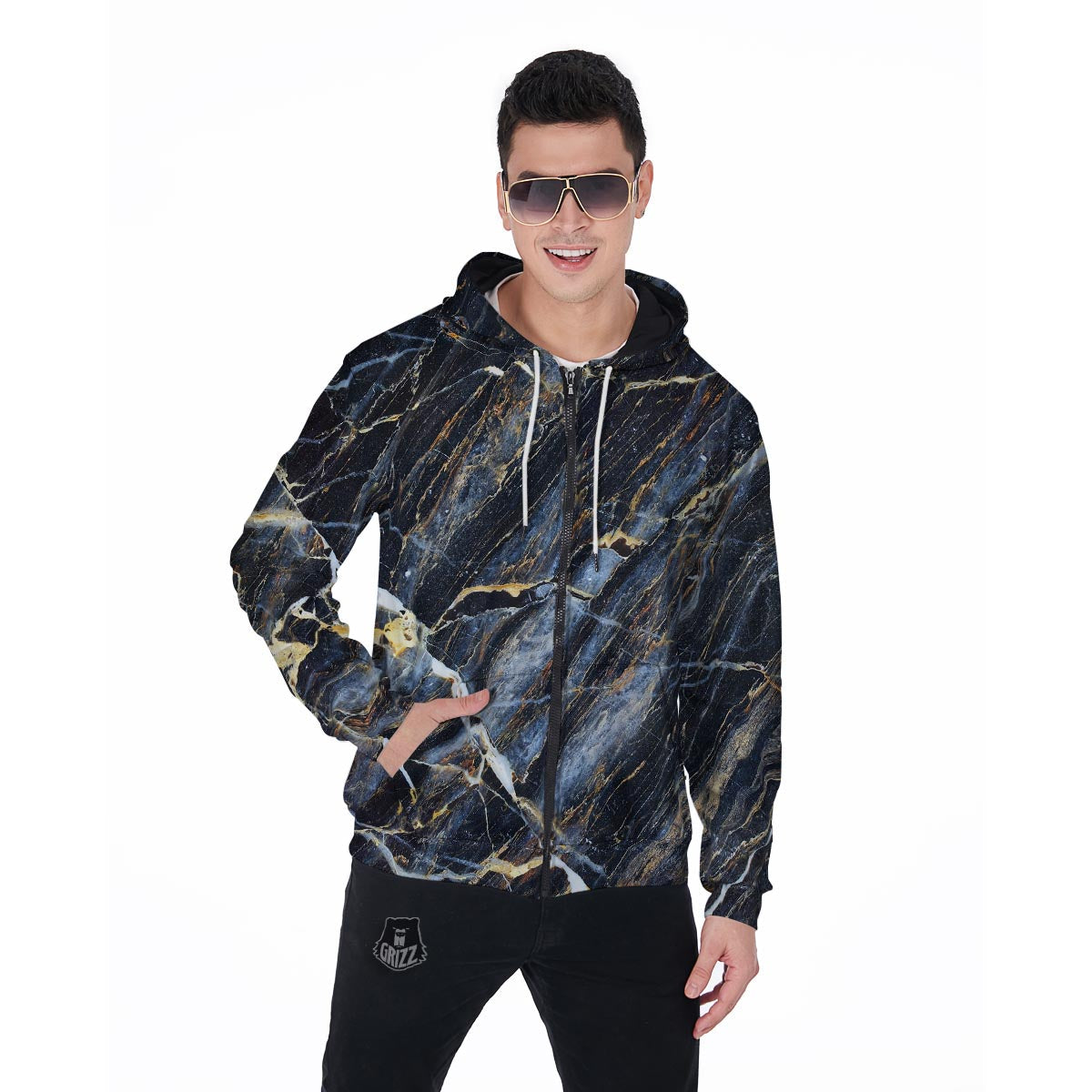 Black Gold Cracked Marble Men's Zip Up Hoodie-grizzshop