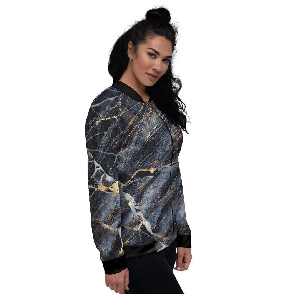 Black Gold Cracked Marble Women's Bomber Jacket-grizzshop
