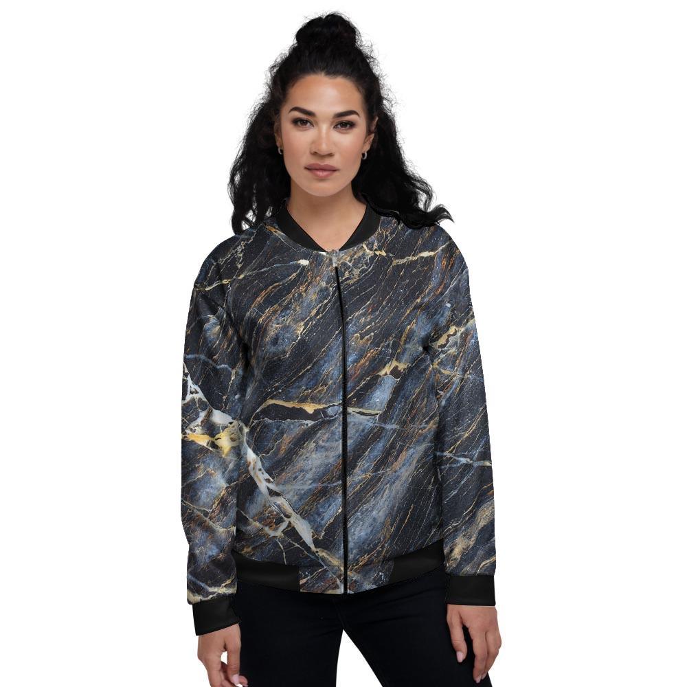 Black Gold Cracked Marble Women's Bomber Jacket-grizzshop
