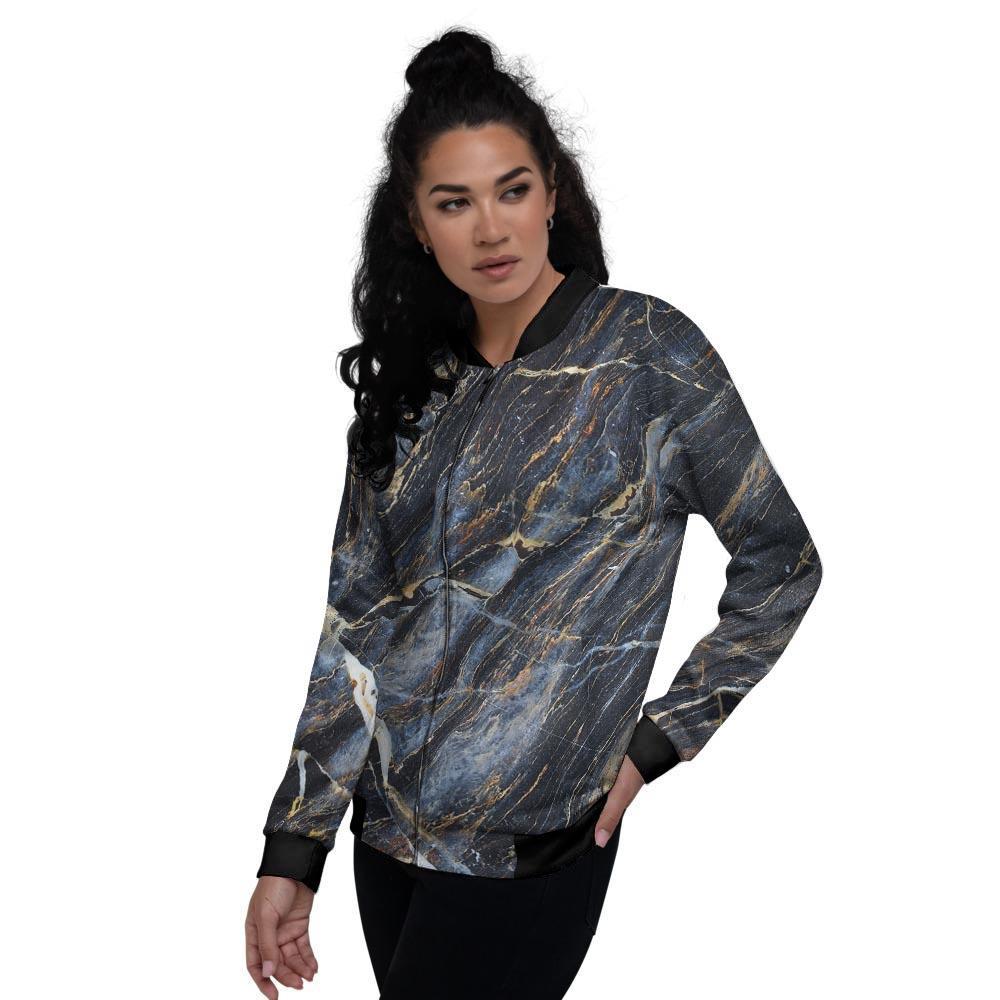 Black Gold Cracked Marble Women's Bomber Jacket-grizzshop
