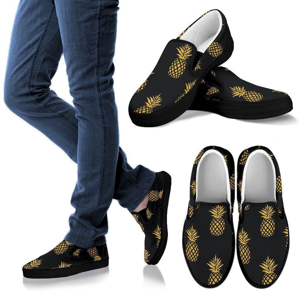 Black Gold Pineapple Print Women Canvas Slip On Shoes-grizzshop