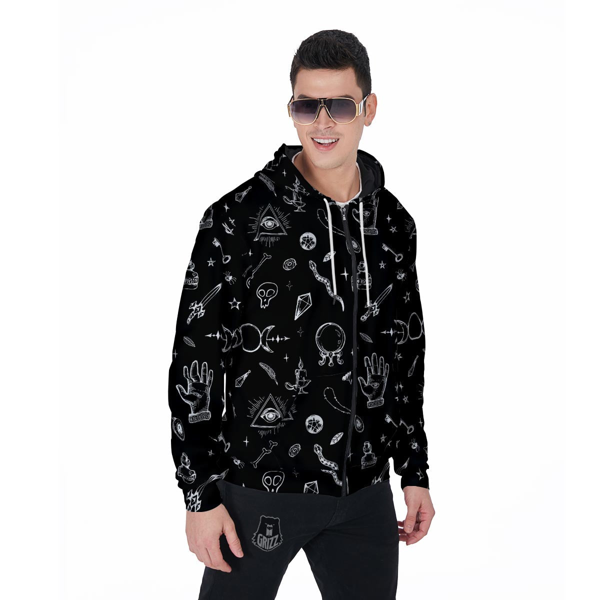 Black Gothic Witch Men's Zip Up Hoodie-grizzshop