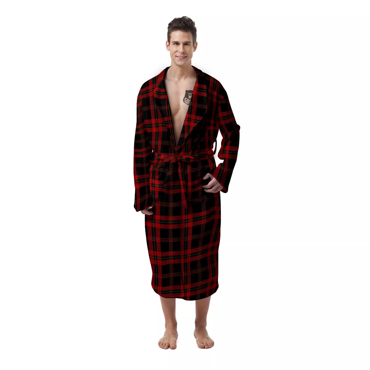 Black Green And Red Tartan Print Pattern Men's Robe-grizzshop