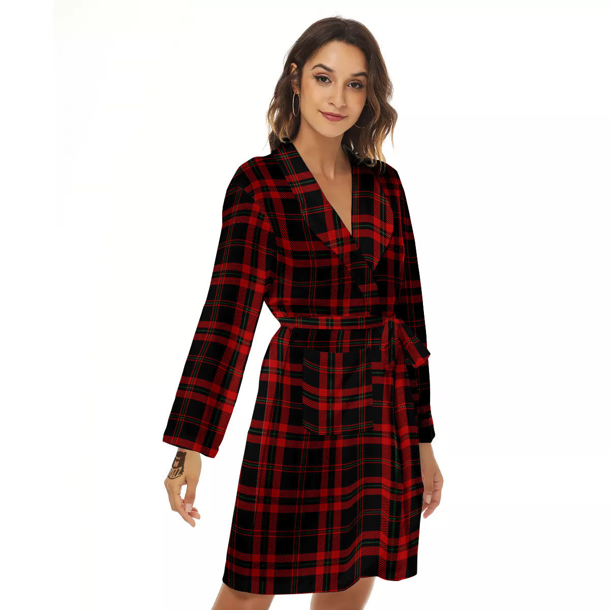 Black Green And Red Tartan Print Pattern Women's Robe-grizzshop