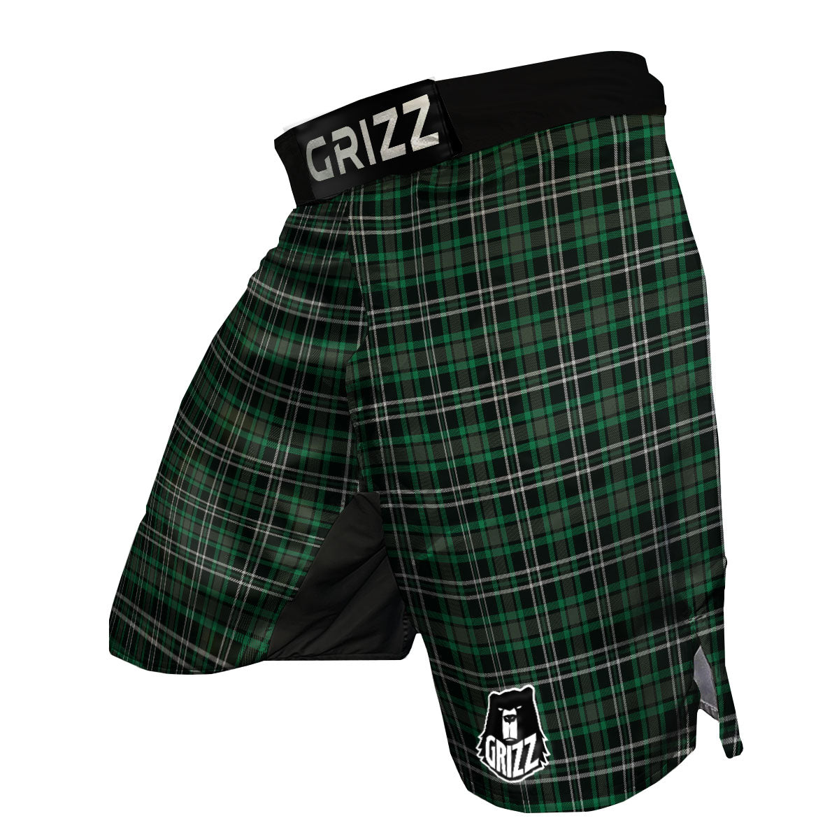 Black Green And White Tartan Print MMA Shorts-grizzshop