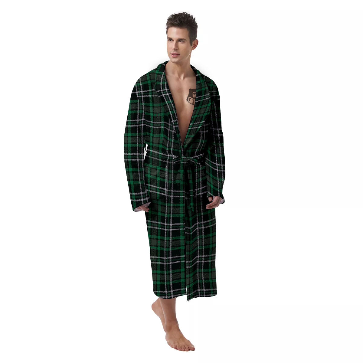 Black Green And White Tartan Print Men's Robe-grizzshop