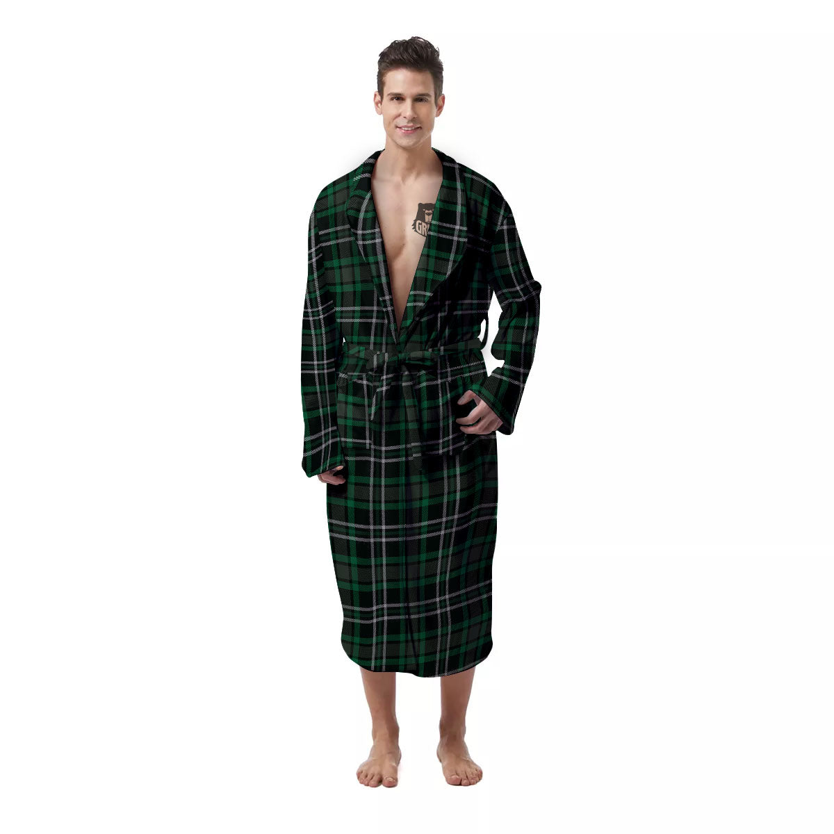 Black Green And White Tartan Print Men's Robe-grizzshop
