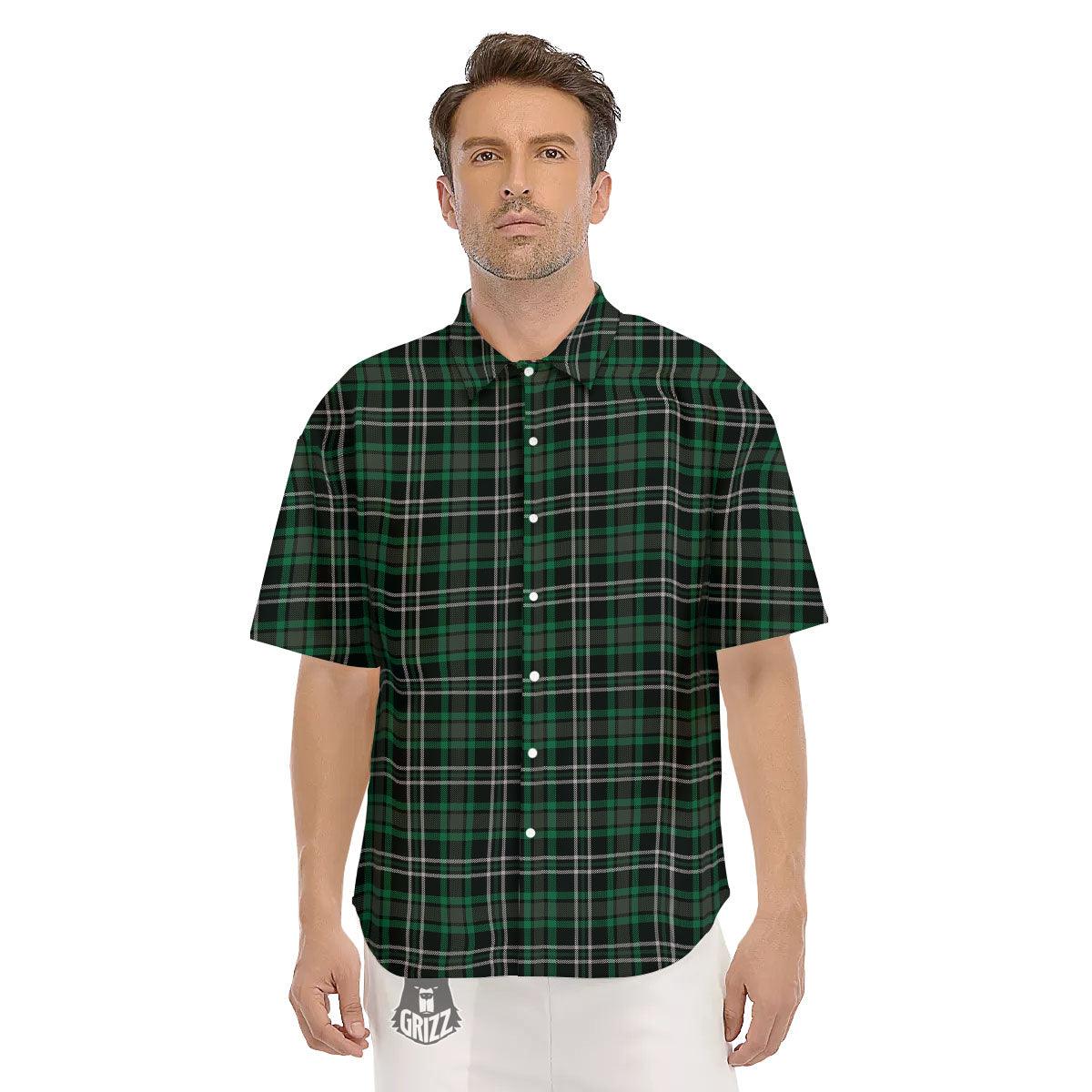 Black Green And White Tartan Print Men's Short Sleeve Shirts-grizzshop