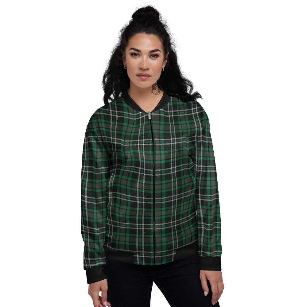 Black Green And White Tartan Print Women's Bomber Jacket-grizzshop