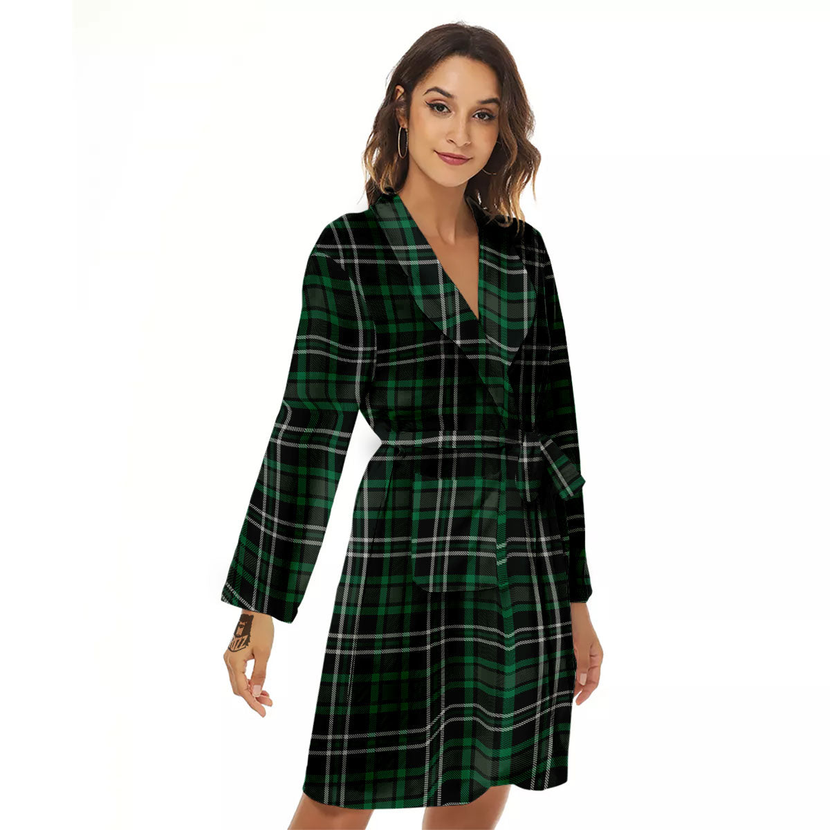 Black Green And White Tartan Print Women's Robe-grizzshop