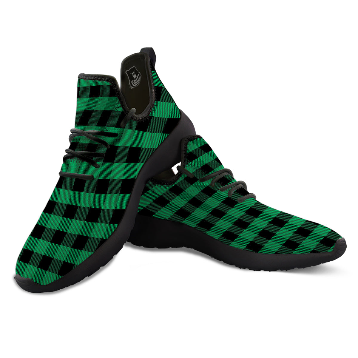 Black Green Buffalo Check And UFO Print Pattern Black Athletic Shoes-grizzshop