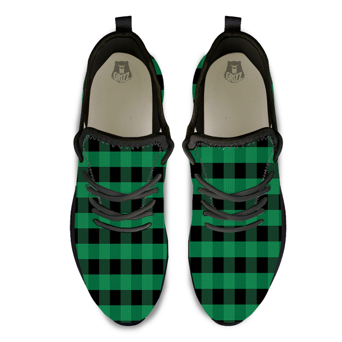 Black Green Buffalo Check And UFO Print Pattern Black Athletic Shoes-grizzshop