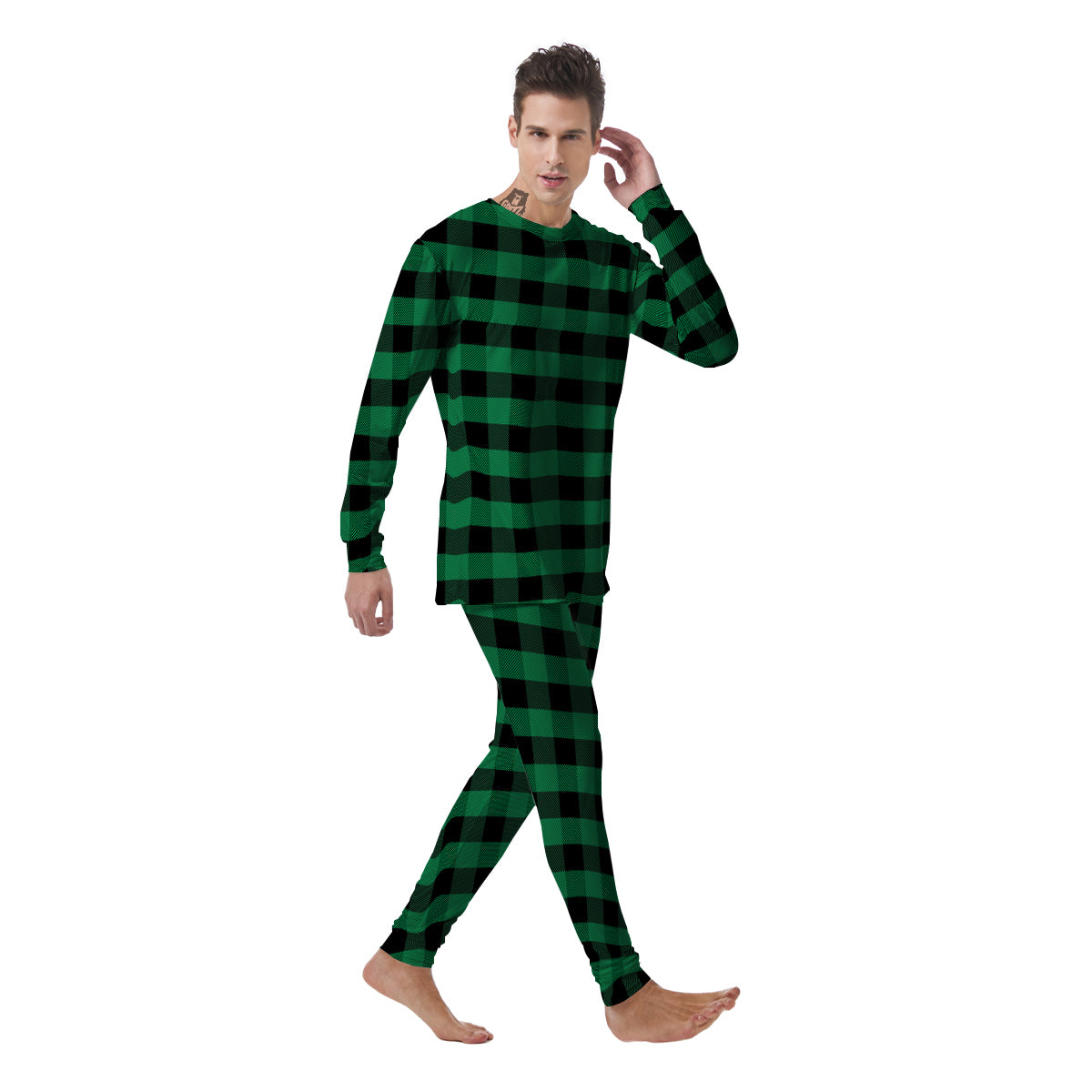 Black Green Buffalo Check And UFO Print Pattern Men's Pajamas-grizzshop