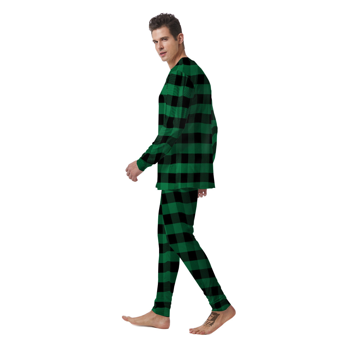 Black Green Buffalo Check And UFO Print Pattern Men's Pajamas-grizzshop