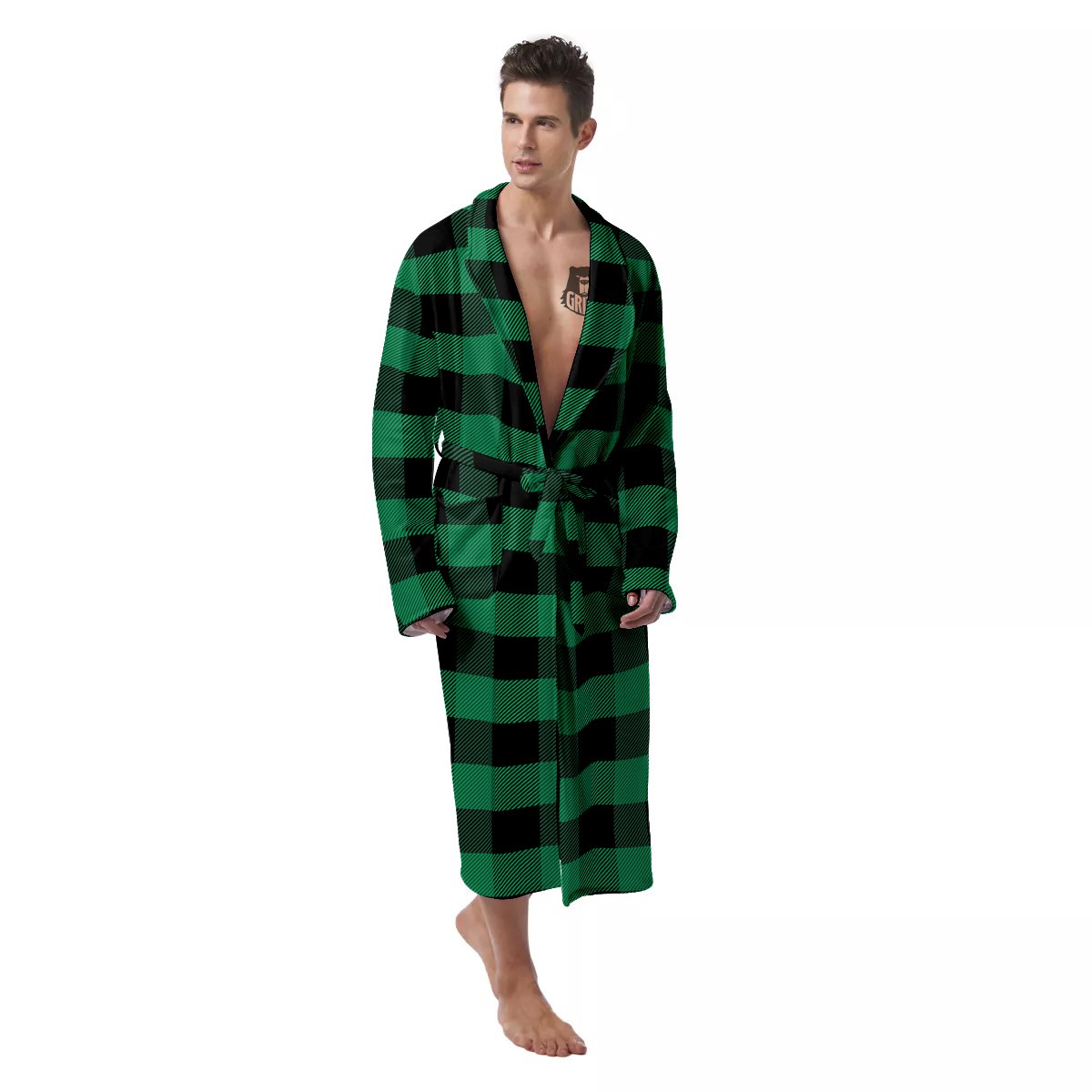 Black Green Buffalo Check And UFO Print Pattern Men's Robe-grizzshop