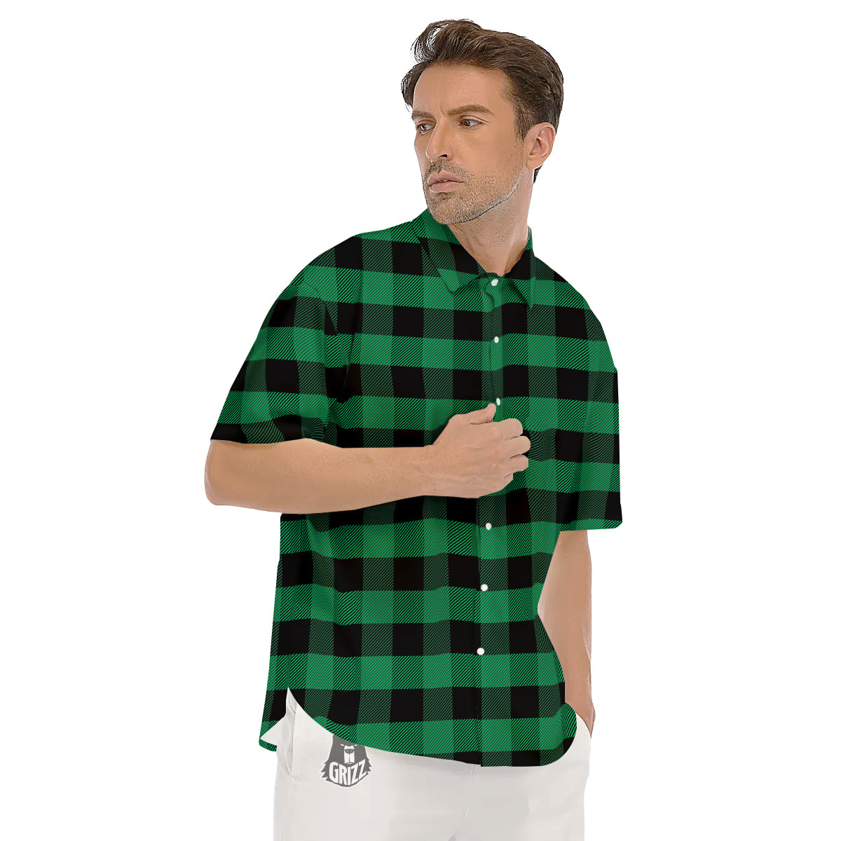 Black Green Buffalo Check And UFO Print Pattern Men's Short Sleeve Shirts-grizzshop