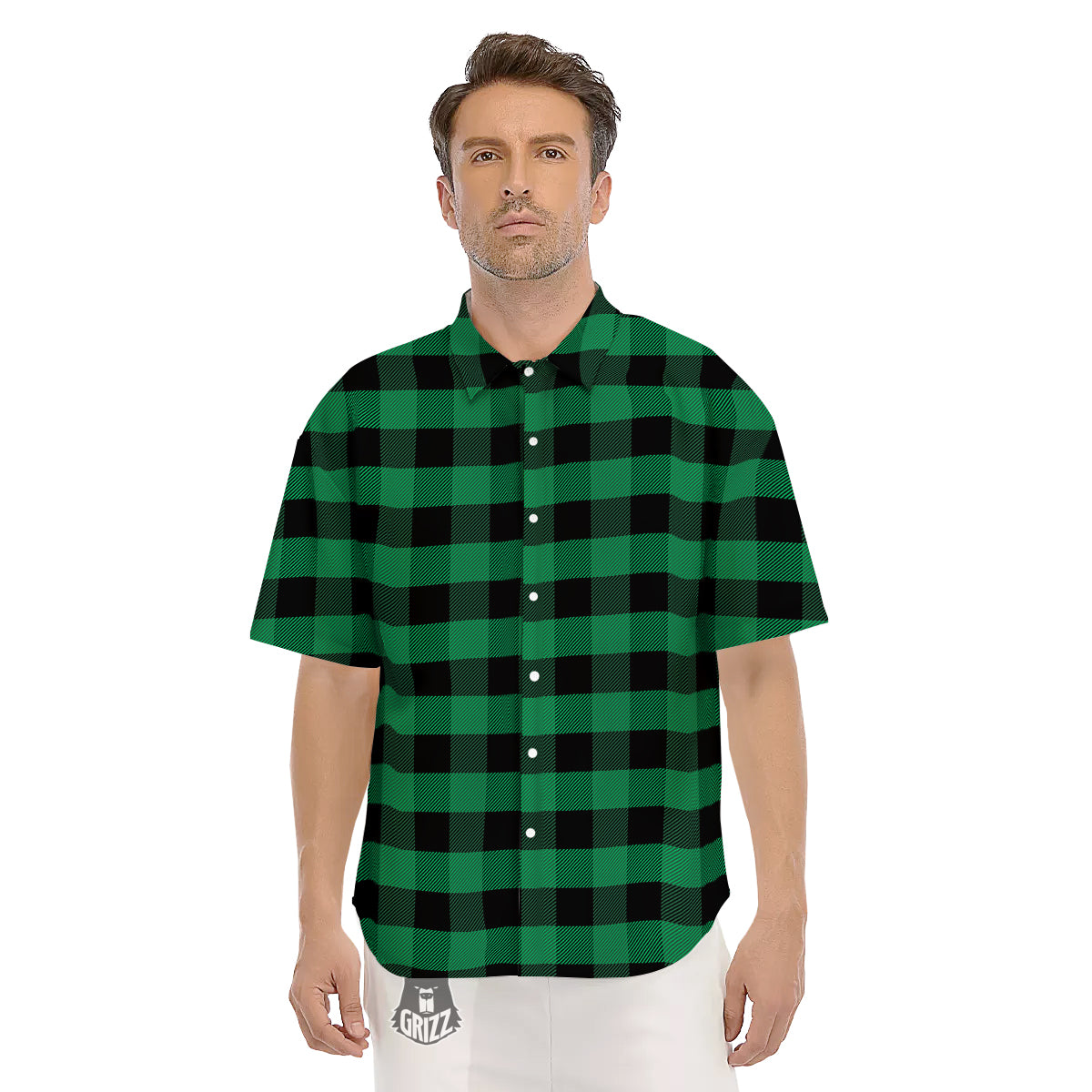 Black Green Buffalo Check And UFO Print Pattern Men's Short Sleeve Shirts-grizzshop