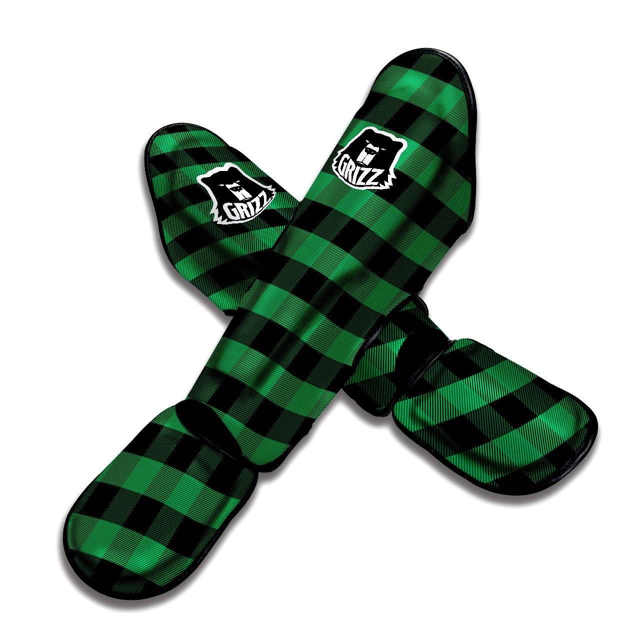 Black Green Buffalo Check And UFO Print Pattern Muay Thai Shin Guards-grizzshop