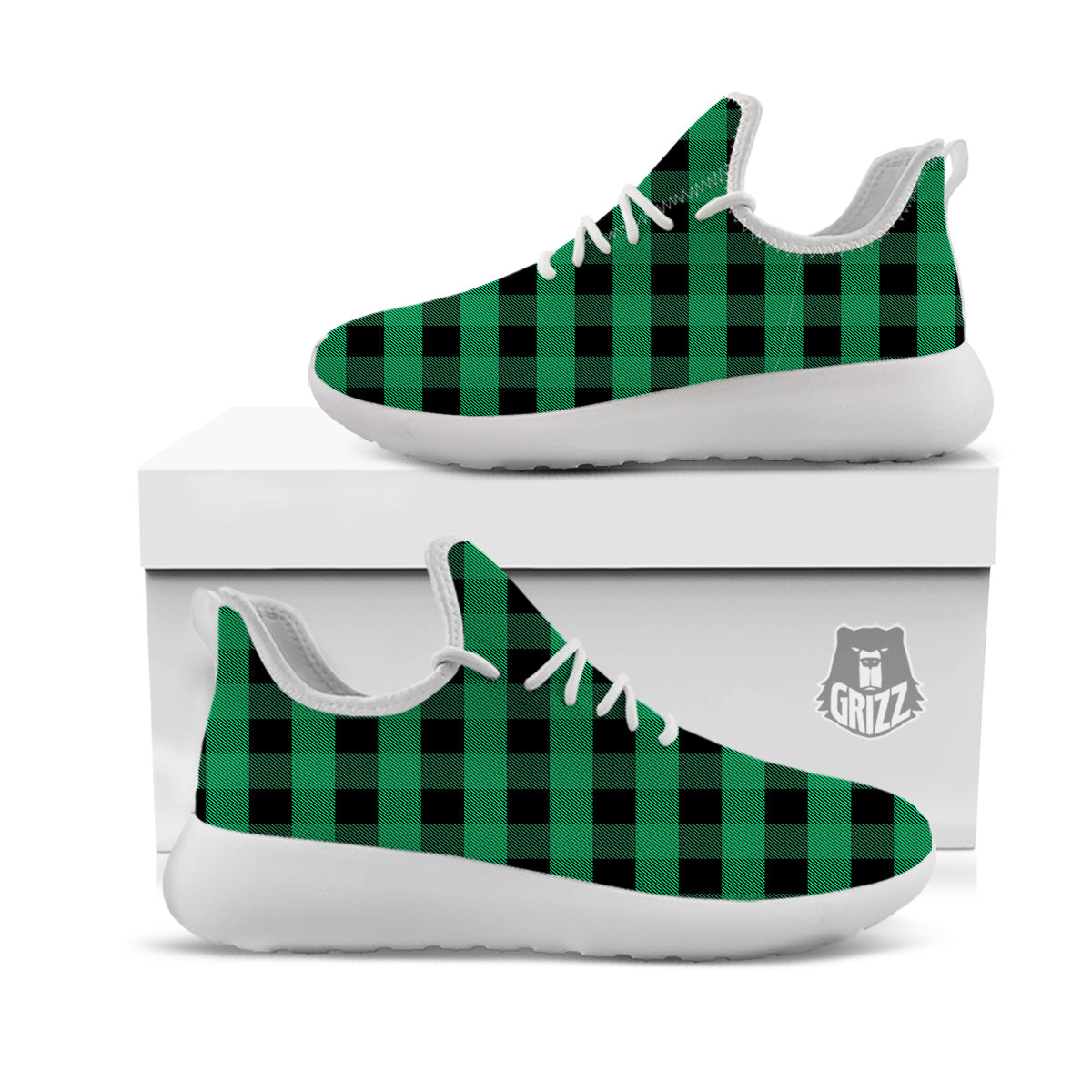 Black Green Buffalo Check And UFO Print Pattern White Athletic Shoes-grizzshop