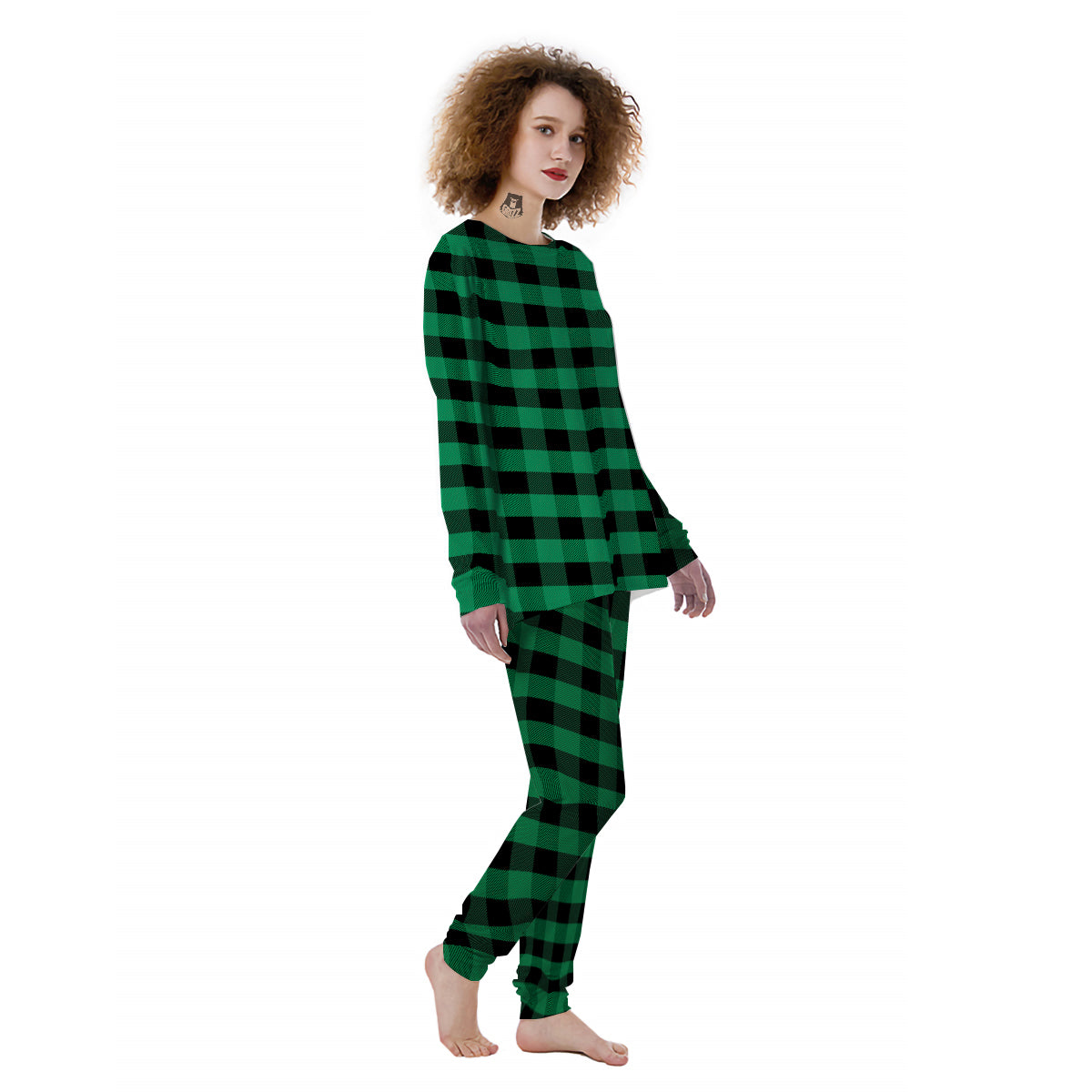 Black Green Buffalo Check And UFO Print Pattern Women's Pajamas-grizzshop