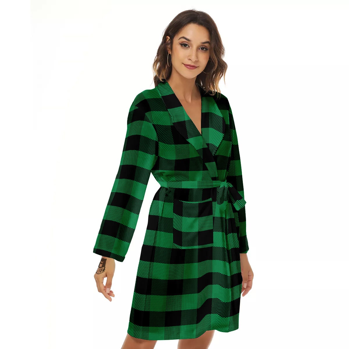 Black Green Buffalo Check And UFO Print Pattern Women's Robe-grizzshop