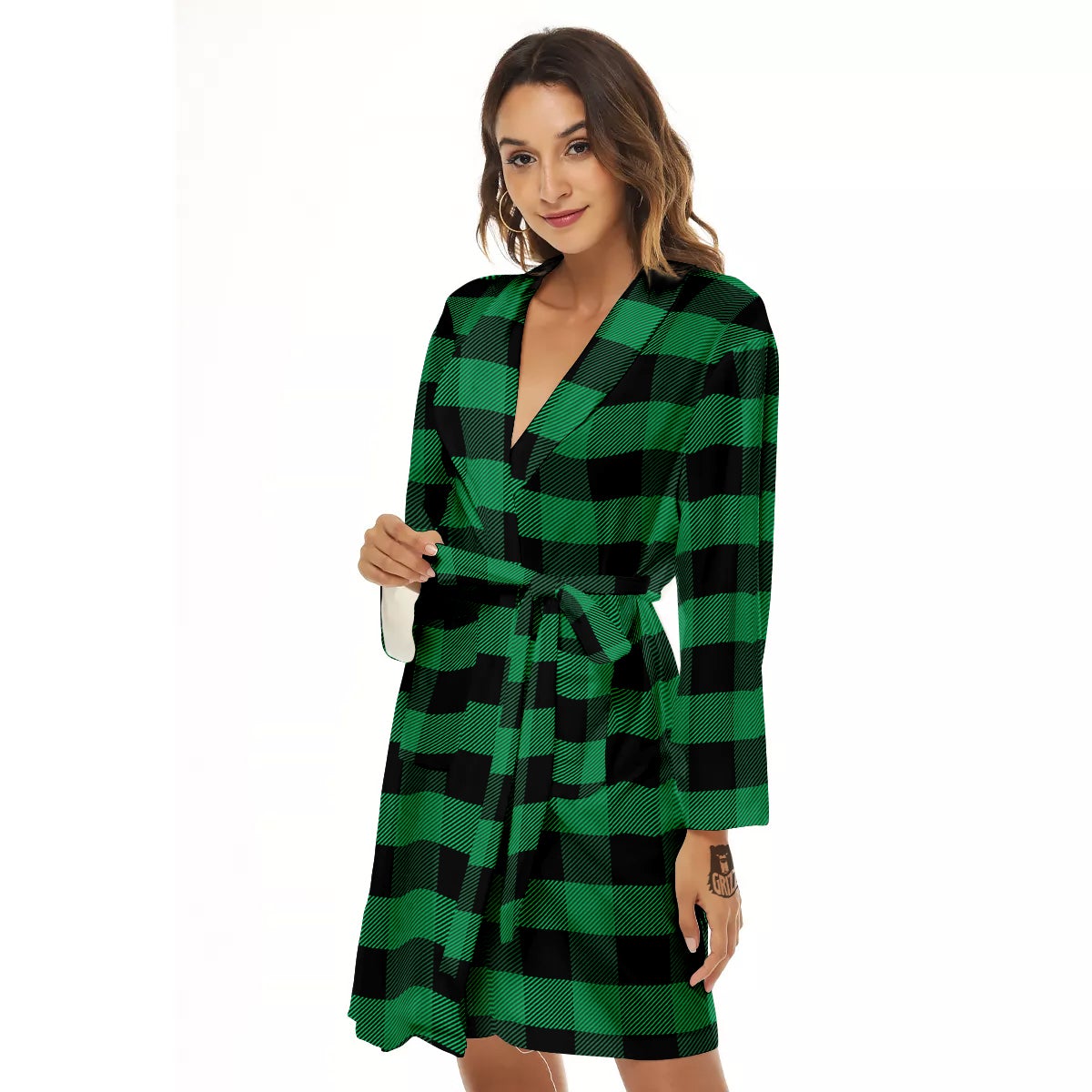 Black Green Buffalo Check And UFO Print Pattern Women's Robe-grizzshop