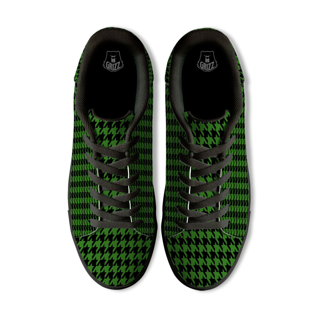Black Green Jungle Houndstooth Print Black Low Top Sneakers-grizzshop
