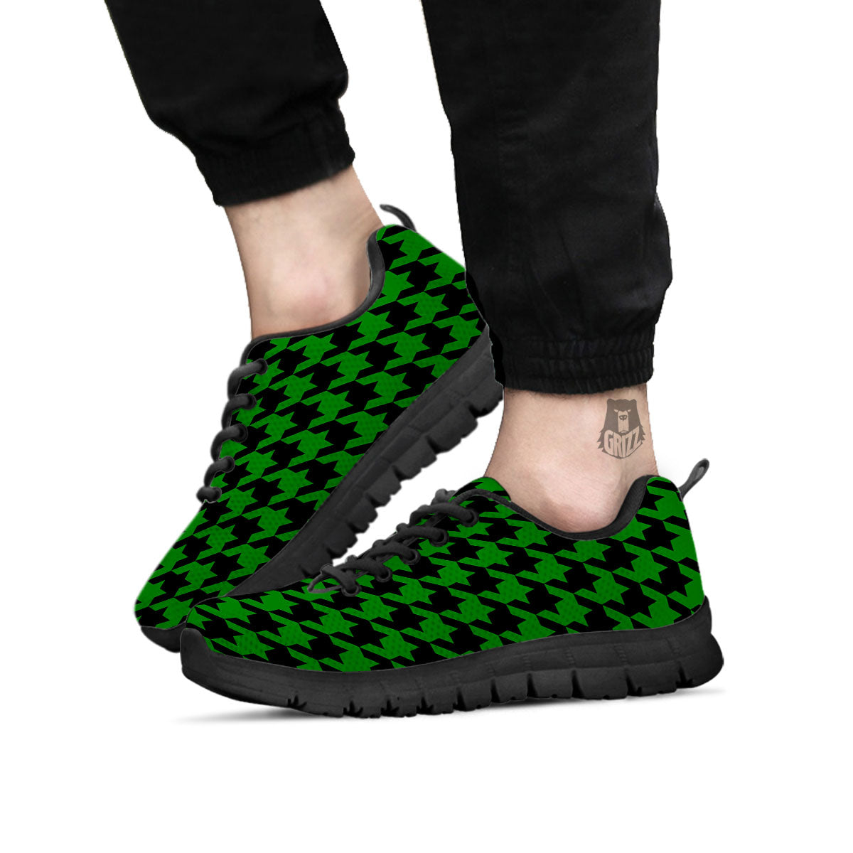 Black Green Jungle Houndstooth Print Black Sneaker-grizzshop