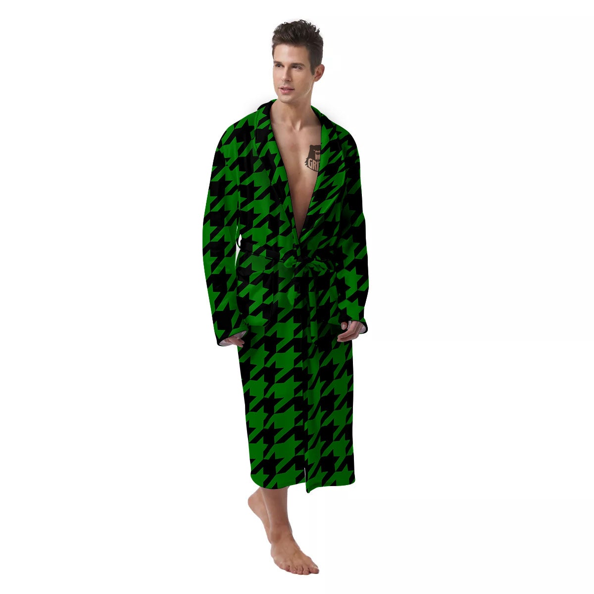 Black Green Jungle Houndstooth Print Men's Robe-grizzshop