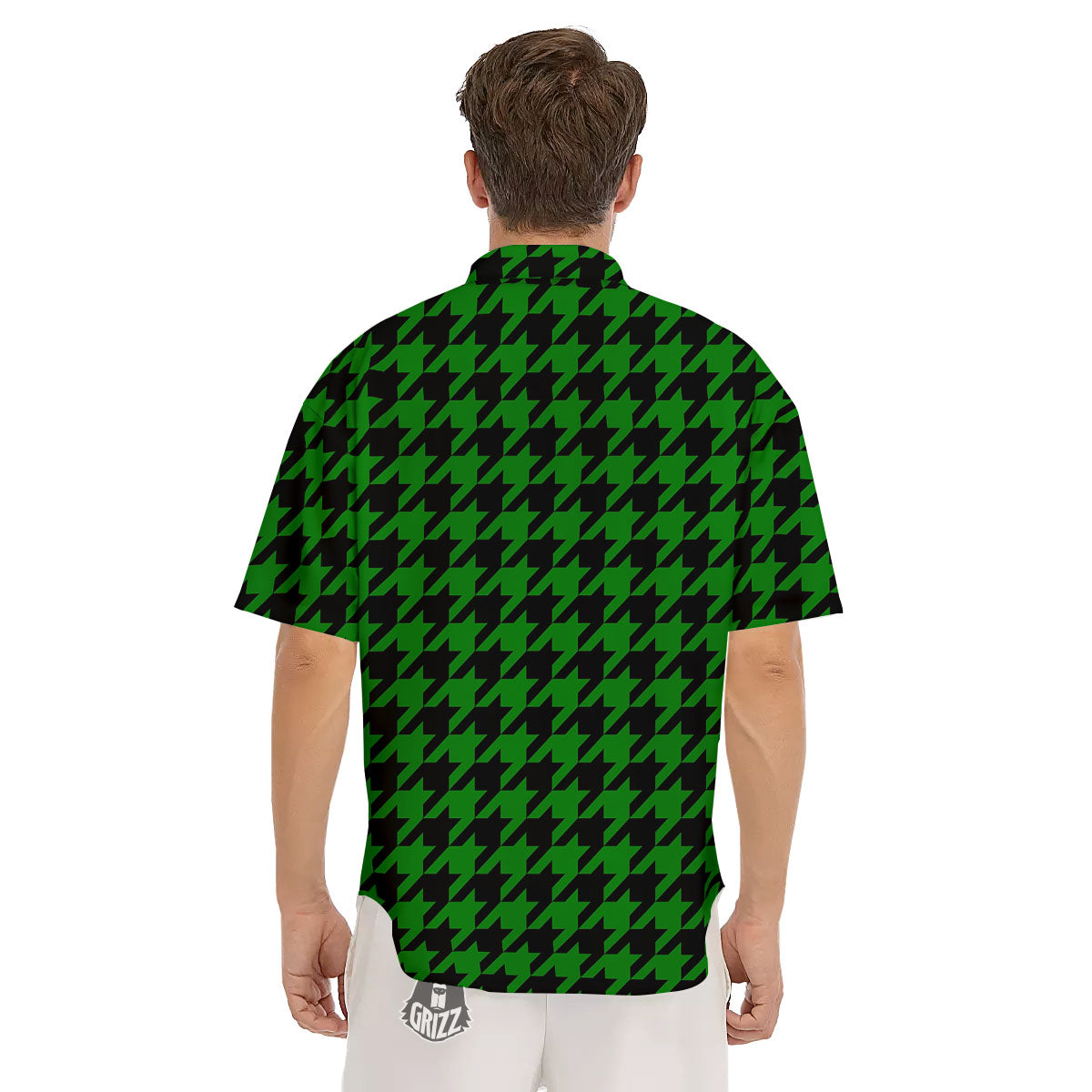 Black Green Jungle Houndstooth Print Men's Short Sleeve Shirts-grizzshop