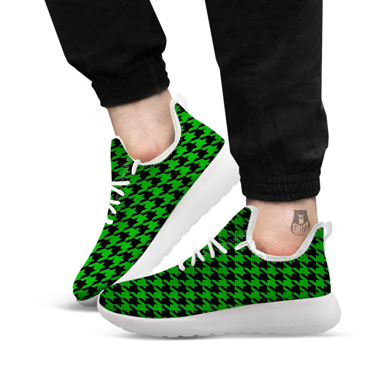 Black Green Jungle Houndstooth Print White Athletic Shoes-grizzshop