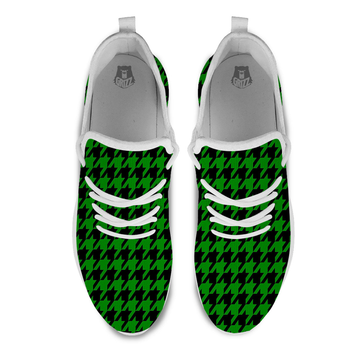 Black Green Jungle Houndstooth Print White Athletic Shoes-grizzshop