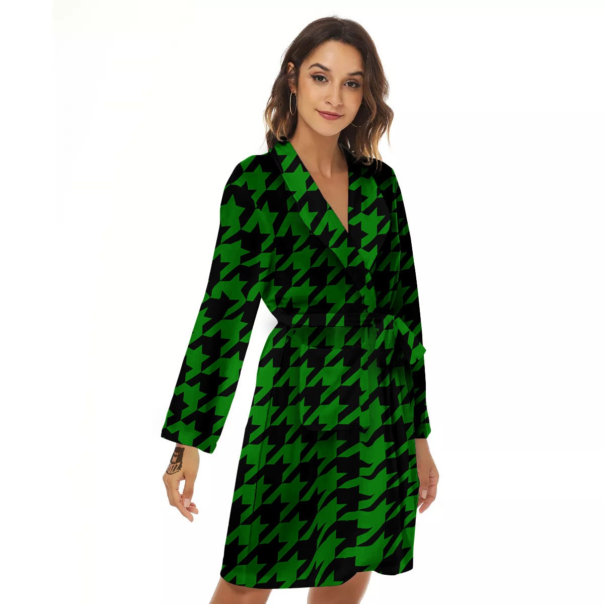 Black Green Jungle Houndstooth Print Women's Robe-grizzshop