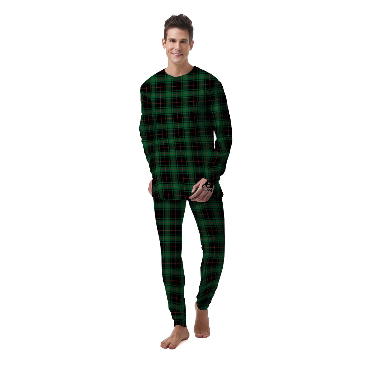 Black Green Plaid Tartan Men's Pajamas-grizzshop