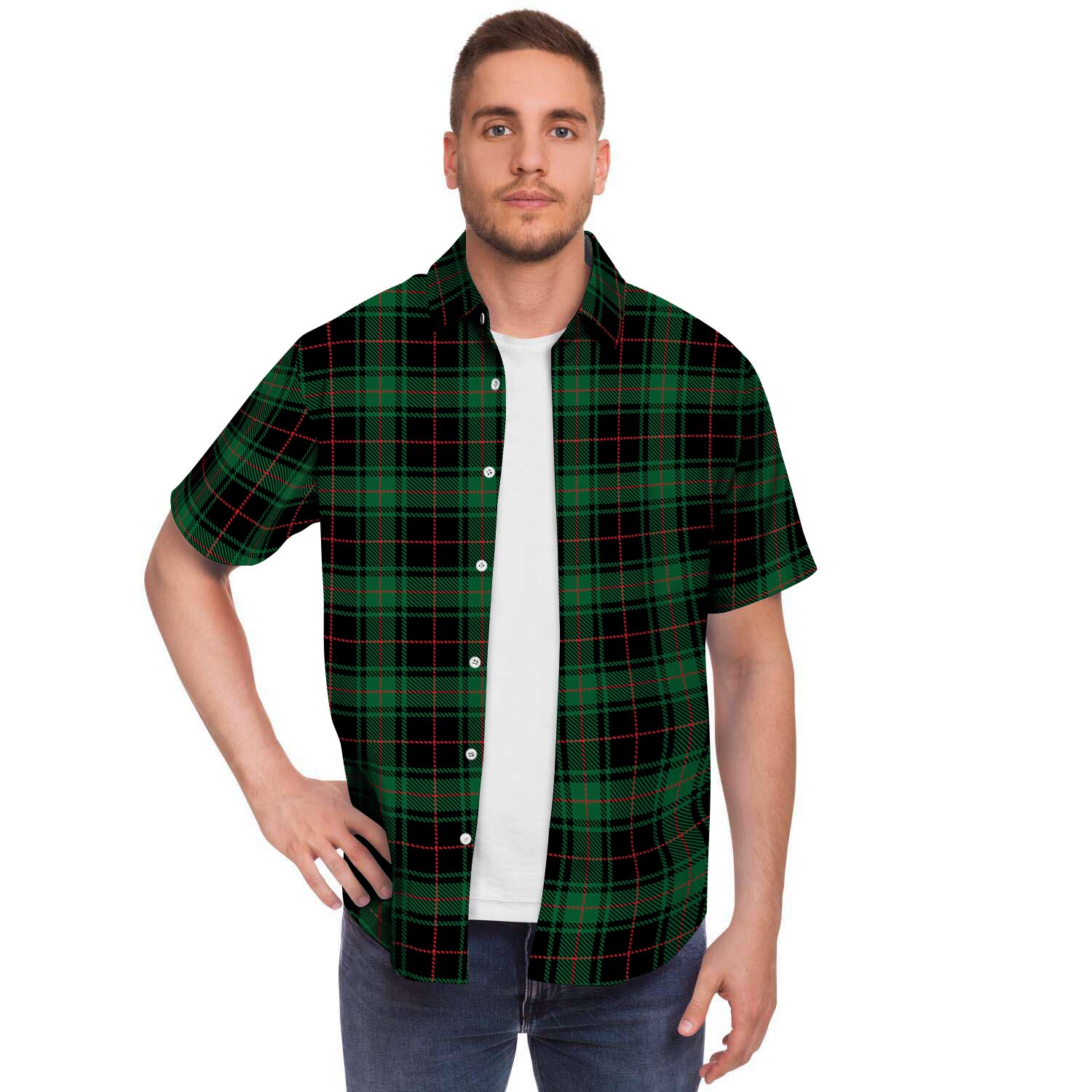 Black Green Plaid Tartan Men's Short Sleeve Shirt-grizzshop