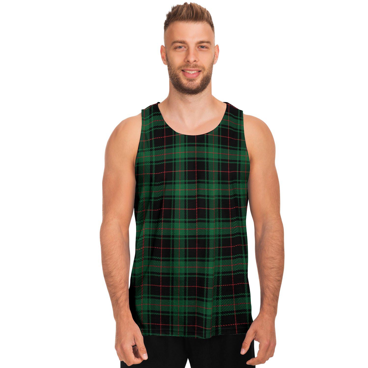 Black Green Plaid Tartan Men's Tank Tops-grizzshop
