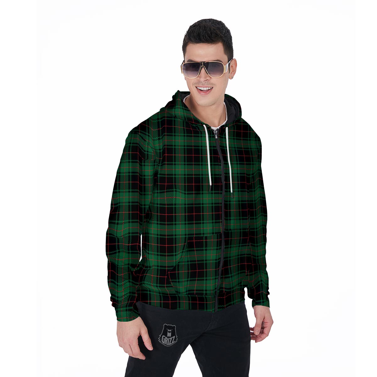 Black Green Plaid Tartan Men's Zip Up Hoodie-grizzshop