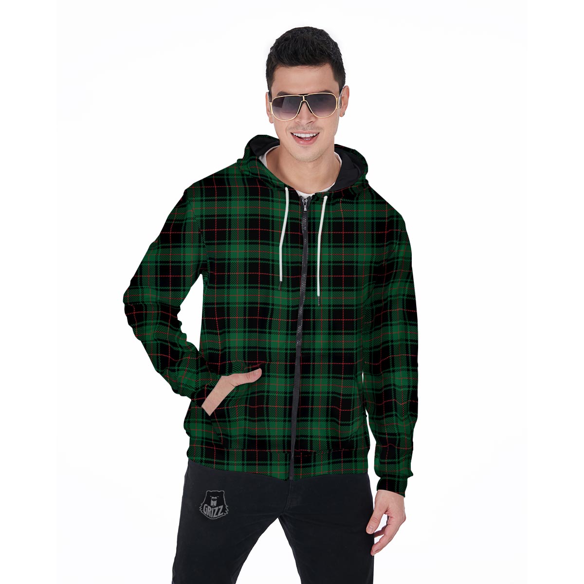 Black Green Plaid Tartan Men's Zip Up Hoodie-grizzshop