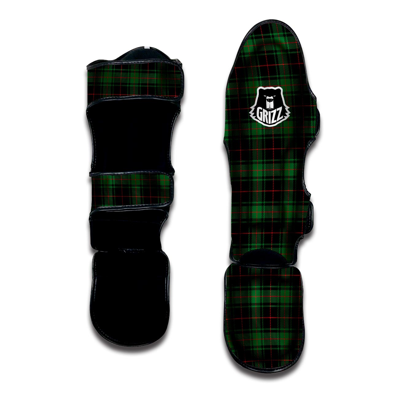 Black Green Plaid Tartan Muay Thai Shin Guard-grizzshop