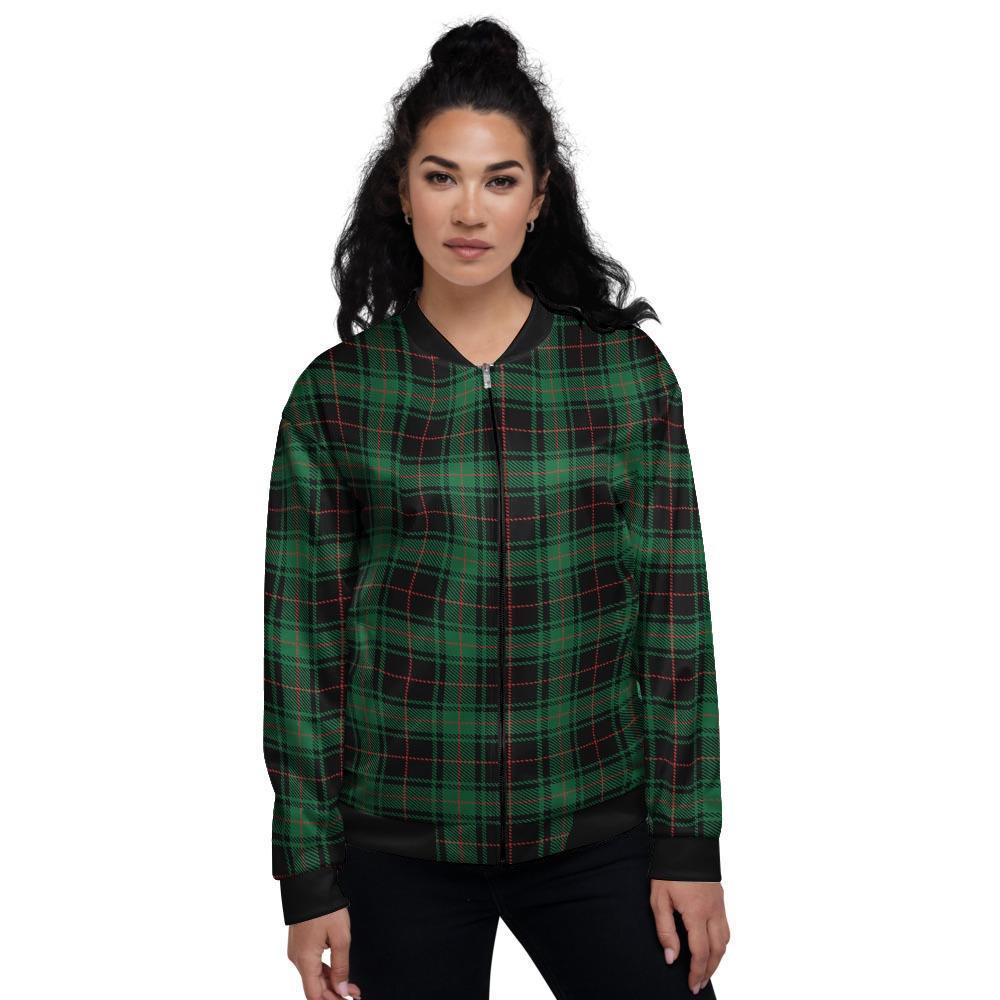 Black Green Plaid Tartan Women's Bomber Jacket-grizzshop