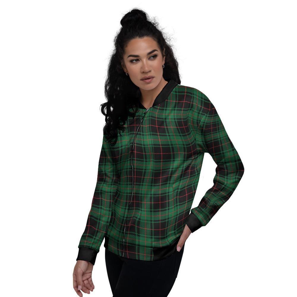 Black Green Plaid Tartan Women's Bomber Jacket-grizzshop