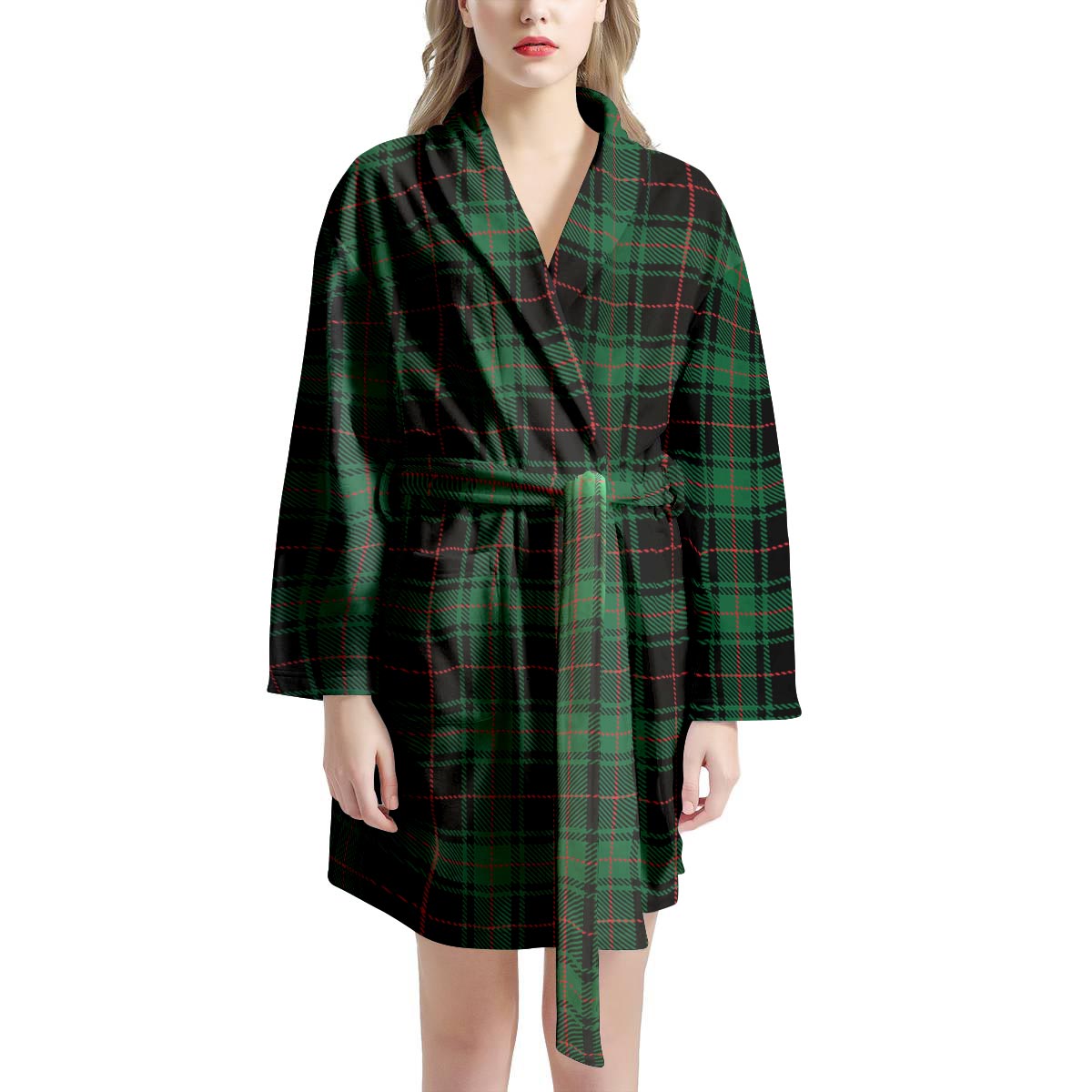 Black Green Plaid Tartan Women's Robe-grizzshop