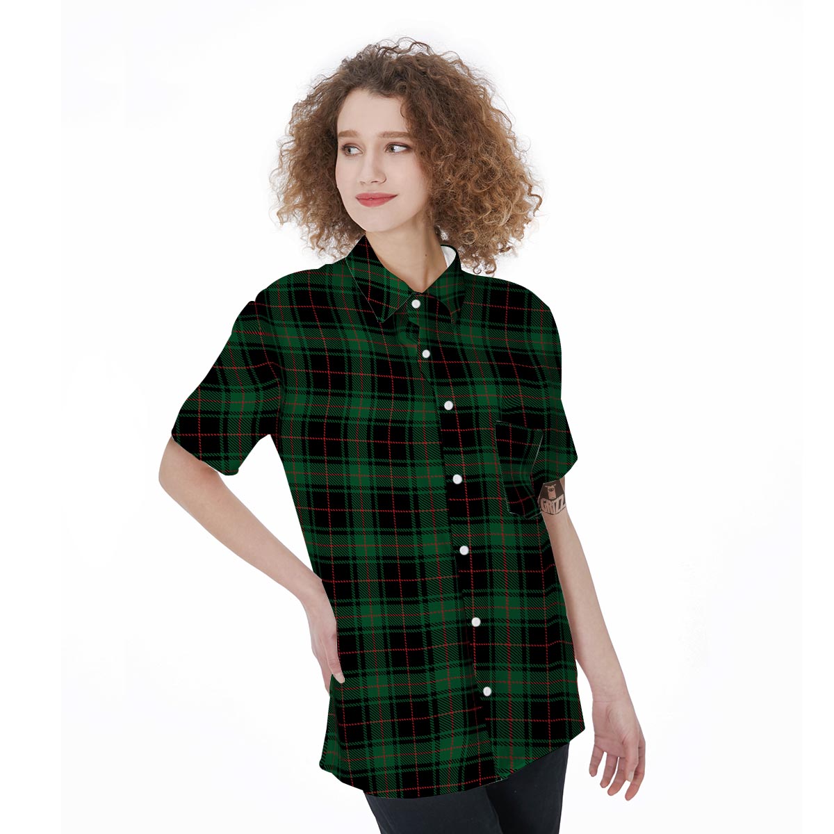 Black Green Plaid Tartan Women's Short Sleeve Shirts-grizzshop